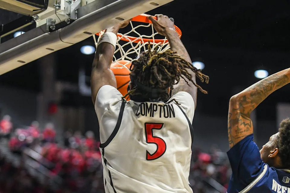 SDSU forward Pharaoh Compton (5) dunks the ball during an NCAA Basketball game against Nevada Saturday February 14, 2026 in California.