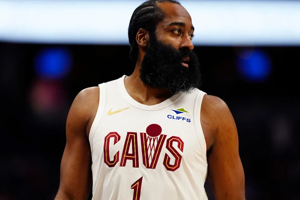 Cleveland Cavaliers guard James Harden in the first quarter against the Denver Nuggets on Feb. 9, 2026, in Denver, Colorado.
