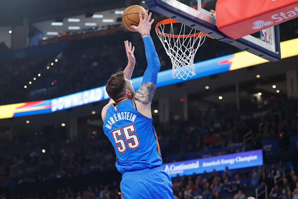 Feb 22, 2026; Oklahoma City, Oklahoma, USA; Oklahoma City Thunder center/forward Isaiah Hartenstein (55) goes up for a basket against the Cleveland Cavaliers during the first half at Paycom Center. Mandatory Credit: Alonzo Adams-Imagn Images