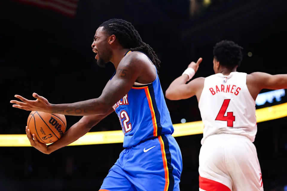 TORONTO, CANADA - FEBRUARY 24: Cason Wallace #22 of the Oklahoma City Thunder reacts to a jump ball call during the second half of their NBA game against the Toronto Raptors at Scotiabank Arena on February 24, 2026 in Toronto, Ontario, Canada. NOTE TO USER: User expressly acknowledges and agrees that, by downloading and or using this photograph, User is consenting to the terms and conditions of the Getty Images License Agreement. (Photo by Cole Burston/Getty Images)