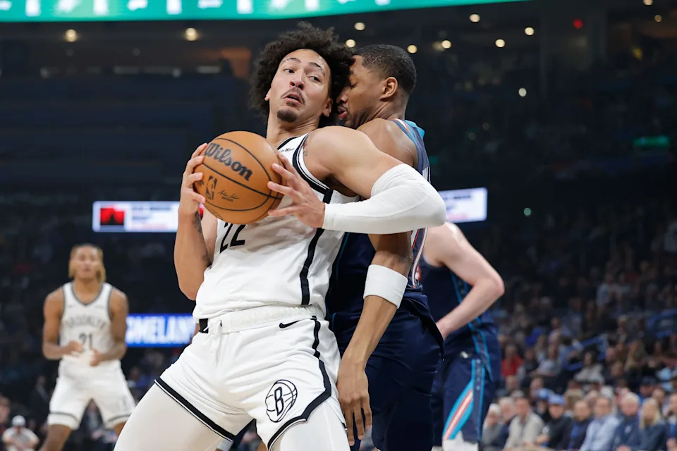 Feb 20, 2026; Oklahoma City, Oklahoma, USA; Brooklyn Nets forward Jalen Wilson (22) drives to the basket against Oklahoma City Thunder guard Aaron Wiggins (21) during the first half at Paycom Center. Mandatory Credit: Alonzo Adams-Imagn Images