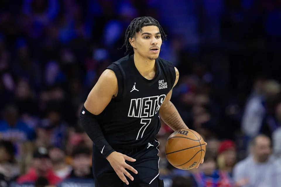 Former Brooklyn Nets guard Killian Hayes (7) controls the ball during a game.Bill Streicher-Imagn Images