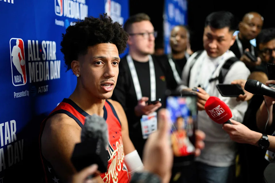 Feb 14, 2026; Inglewood, California, USA; Jalen Johnson speaks during interviews at media day at Intuit Dome. Mandatory Credit: William Liang-Imagn Images