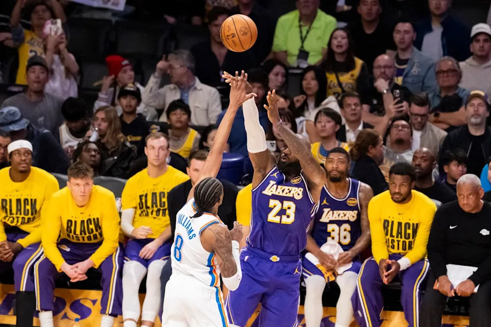 LeBron James #23 of the Los Angeles Lakers shoots the ball during an NBA basketball game against the Oklahoma City Thunder, Monday February 9, 2026 in Los Angeles, Calif.