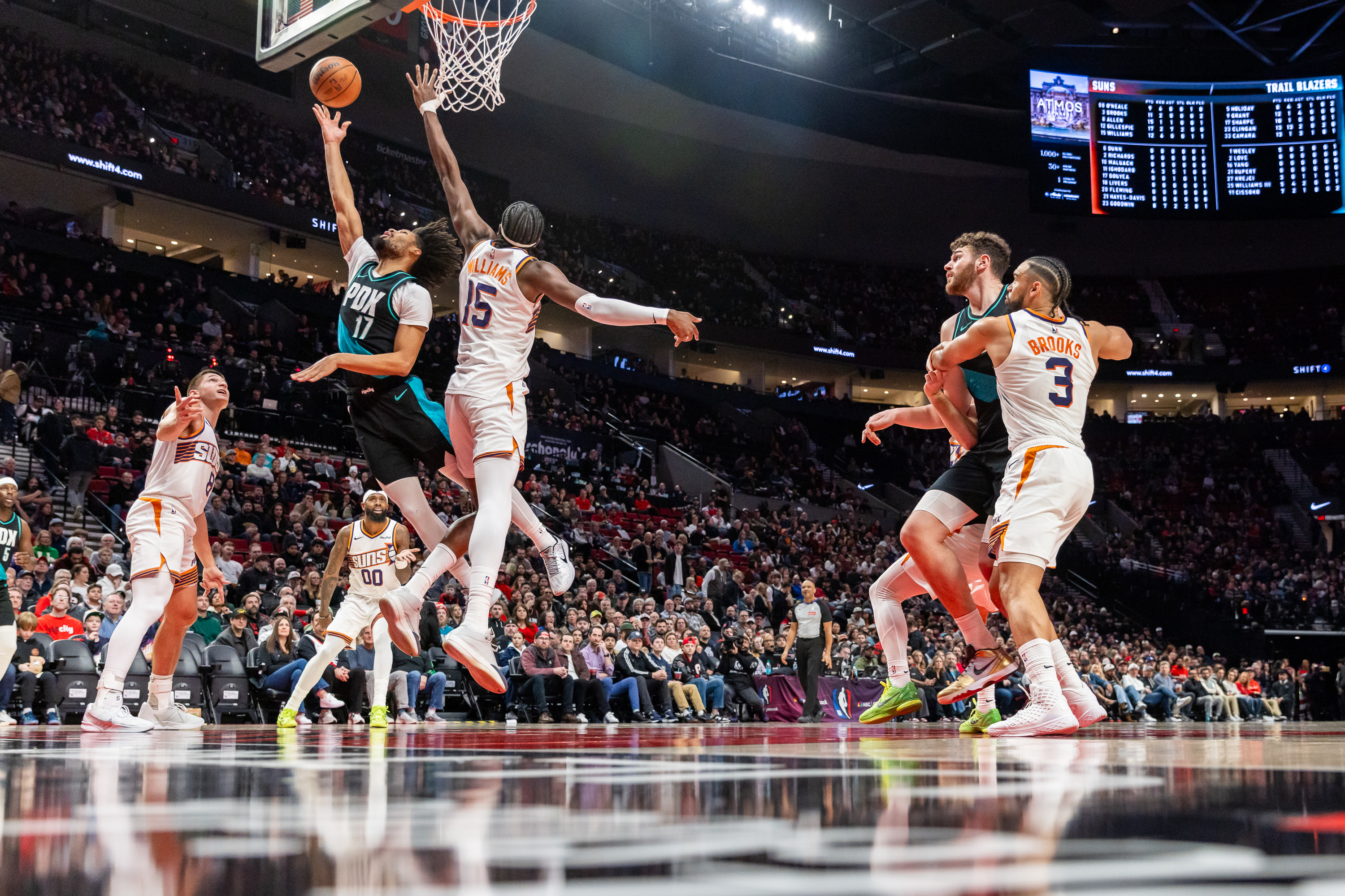 Portland Trail Blazers guard Shaedon Sharpe drives to the basket for a layup during an NBA game against the Phoenix Suns at Moda Center on Tuesday, Feb. 3, 2026.