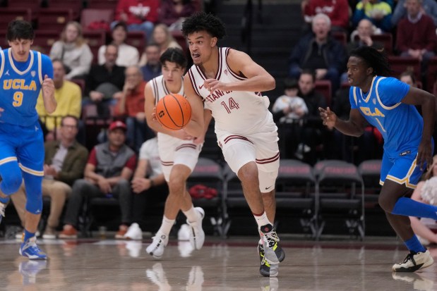 Stanford forward Spencer Jones (14) during an NCAA college basketball game against UCLA in Stanford, Calif., Wednesday, Feb. 7, 2024. (AP Photo/Jeff Chiu)