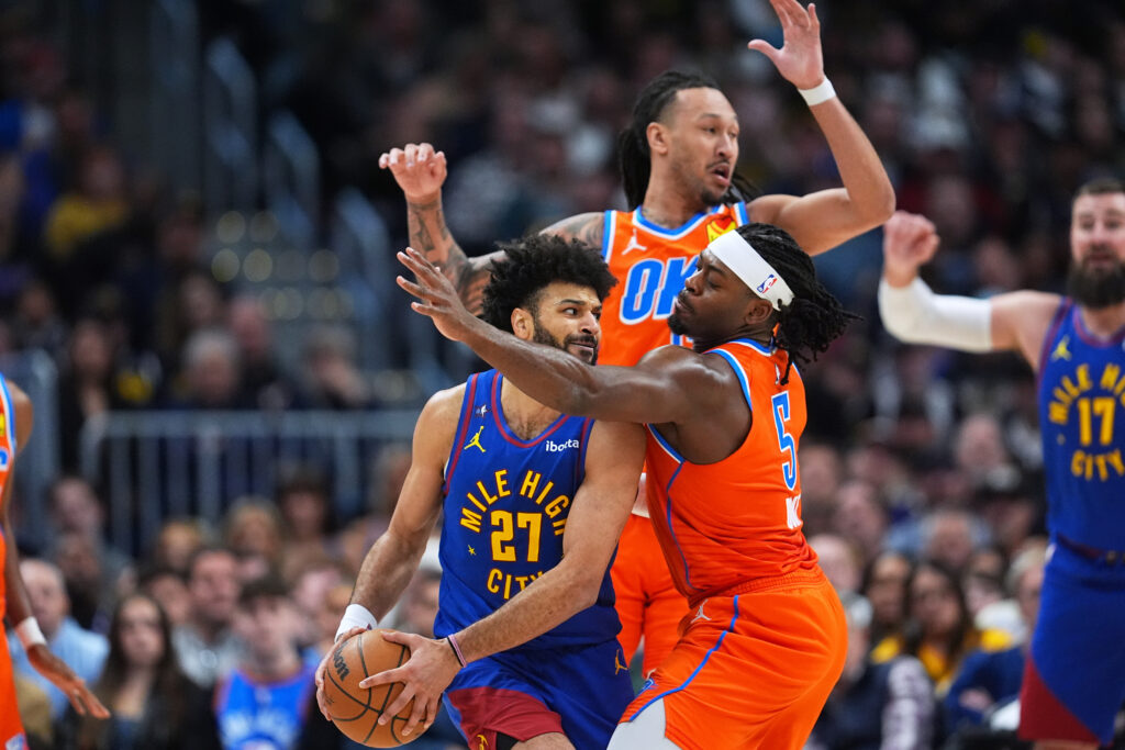 Denver Nuggets guard Jamal Murray and Oklahoma City's Luguentz Dort and Jaylin Williams