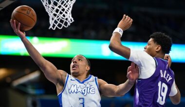 Orlando Magic guard Desmond Bane (3) goes up to shoot as Utah Jazz guard Ace Bailey (19) defends during the first half of an NBA basketball game, Saturday, Feb. 7, 2026, in Orlando, Fla. (AP Photo/Phelan M. Ebenhack)