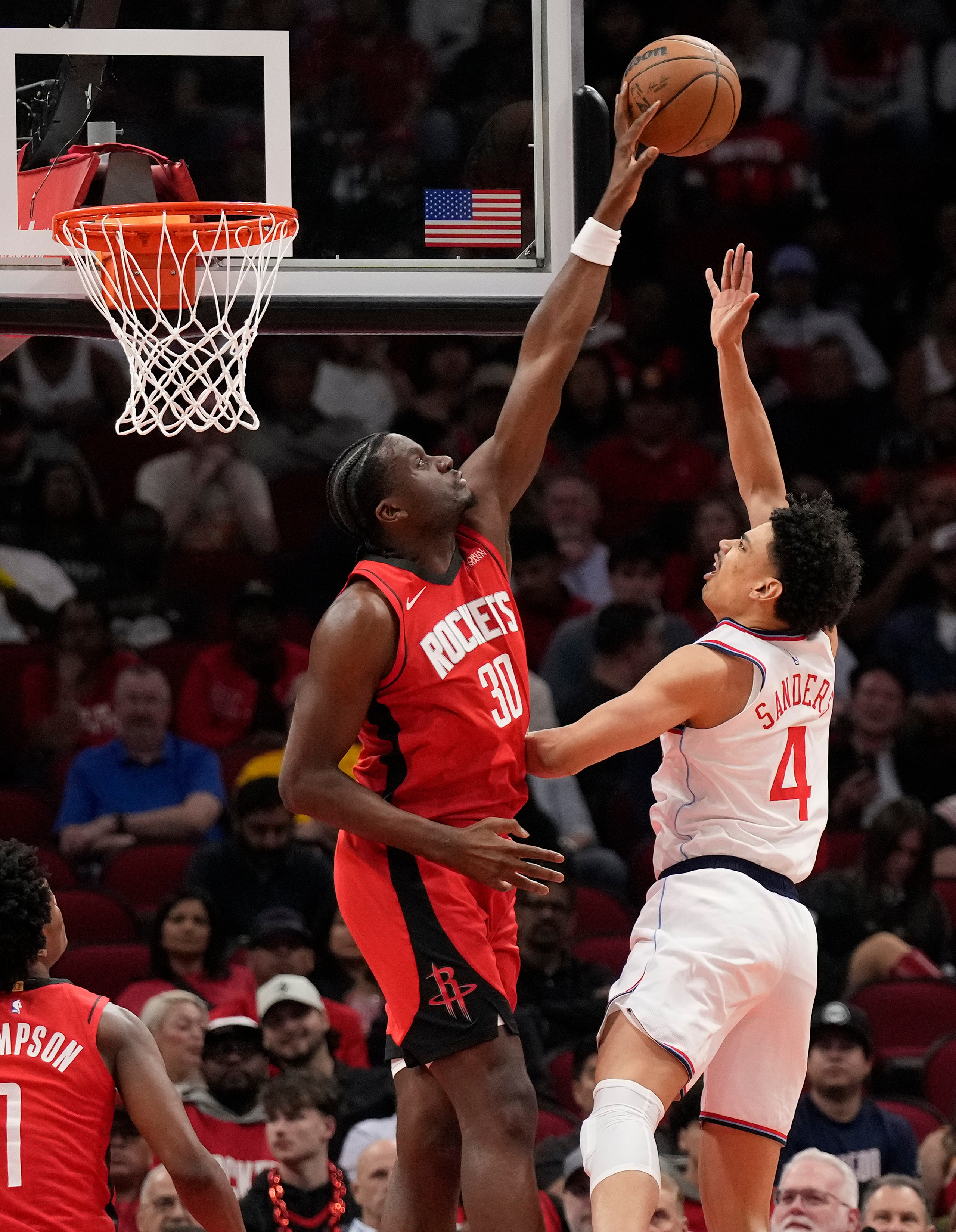 Houston Rockets center Clint Capela blocks a shot by Clippers...
