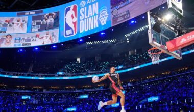 Miami Heat forward Keshad Johnson dunks during the slam dunk contest at the NBA basketball All-Star weekend festivities Saturday, Feb. 14, 2026, in Inglewood, Calif. (AP Photo/Mark J. Terrill)