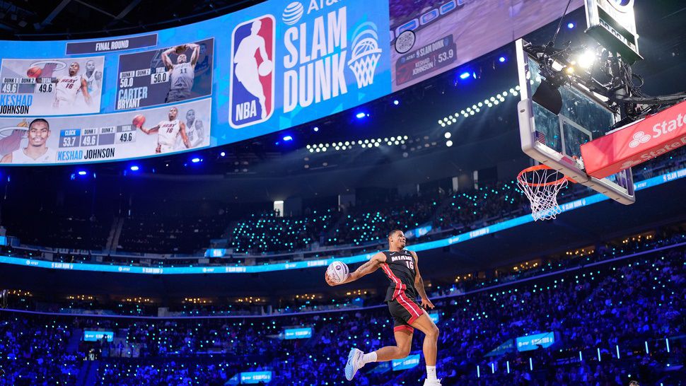 Miami Heat forward Keshad Johnson dunks during the slam dunk contest at the NBA basketball All-Star weekend festivities Saturday, Feb. 14, 2026, in Inglewood, Calif. (AP Photo/Mark J. Terrill)