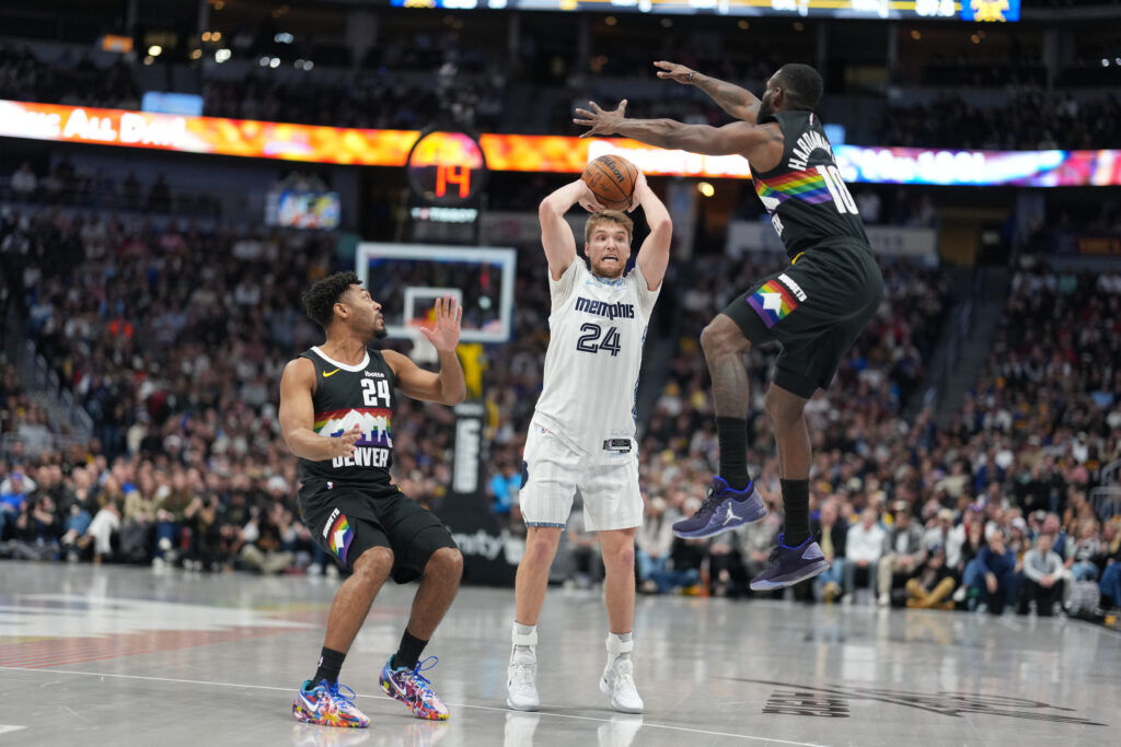 Denver Nuggets guard Jalen Pickett and Tim Hardaway Jr.