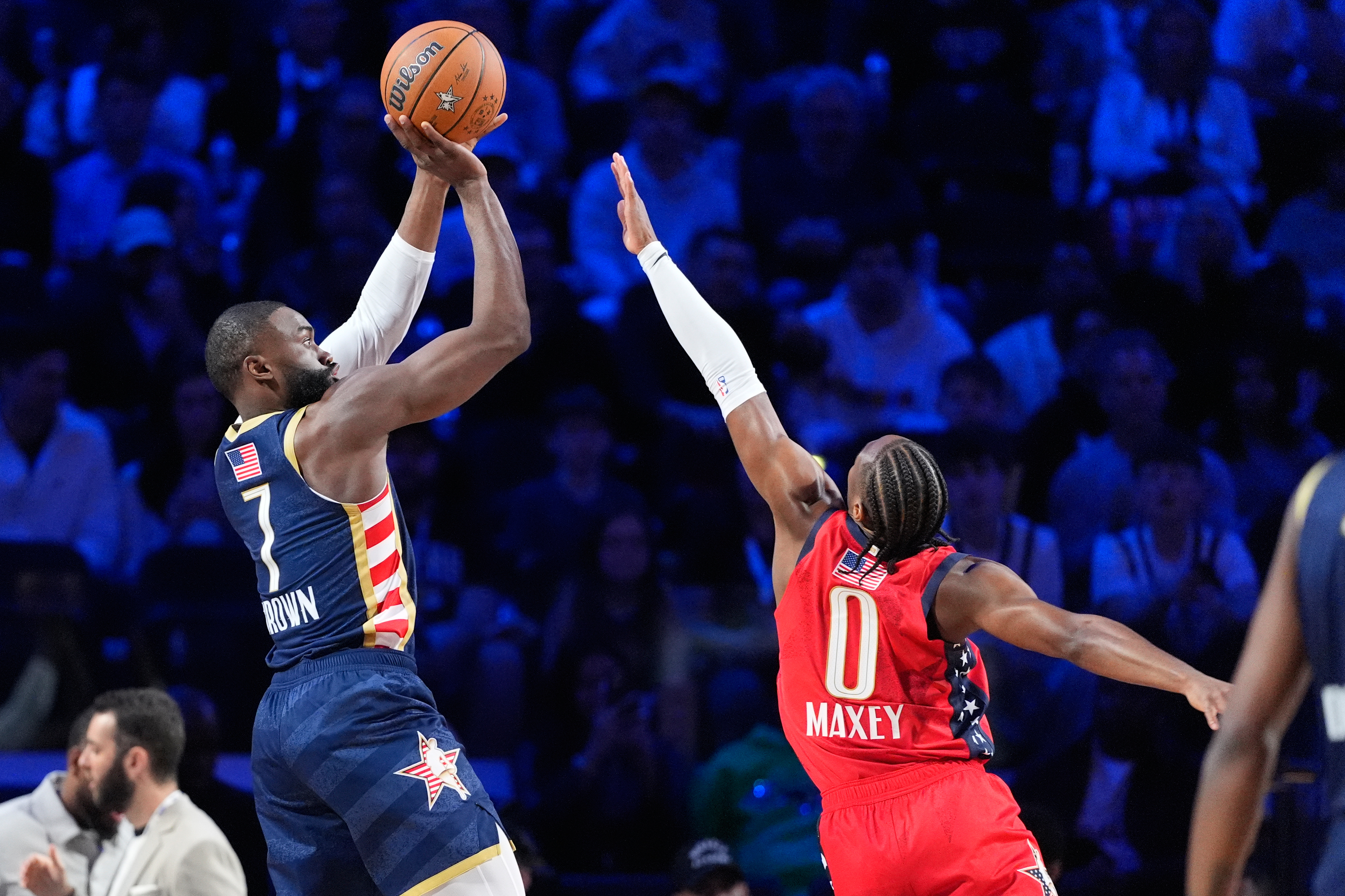USA Stripes guard Jaylen Brown (7) shoots over USA Stars...