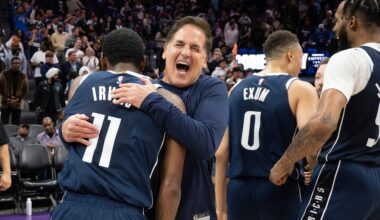 Mark Cuban embraces Dallas Mavericks guard Kyrie Irving after the Mavericks defeated the Sacramento Kings in an NBA basketball game in Sacramento, Calif., Friday, March 29, 2024. (AP Photo/José Luis Villegas)