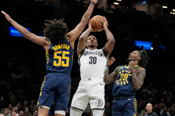 Brooklyn Nets guard Ochai Agbaji shoots during the second half of an NBA basketball game against the Indiana Pacers, Wednesday, Feb. 11, 2026, in New York. (AP Photo/Yuki Iwamura)