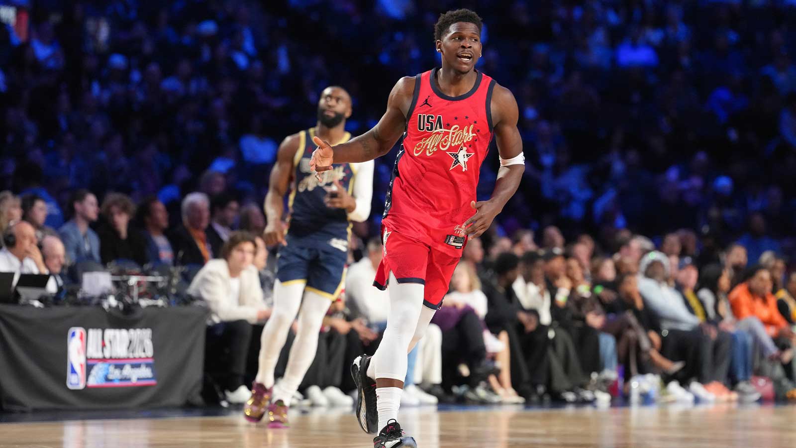 USA Stars guard Anthony Edwards (5) of the Minnesota Timberwolves reacts in game four during the 75th NBA All Star Game at Intuit Dome.
