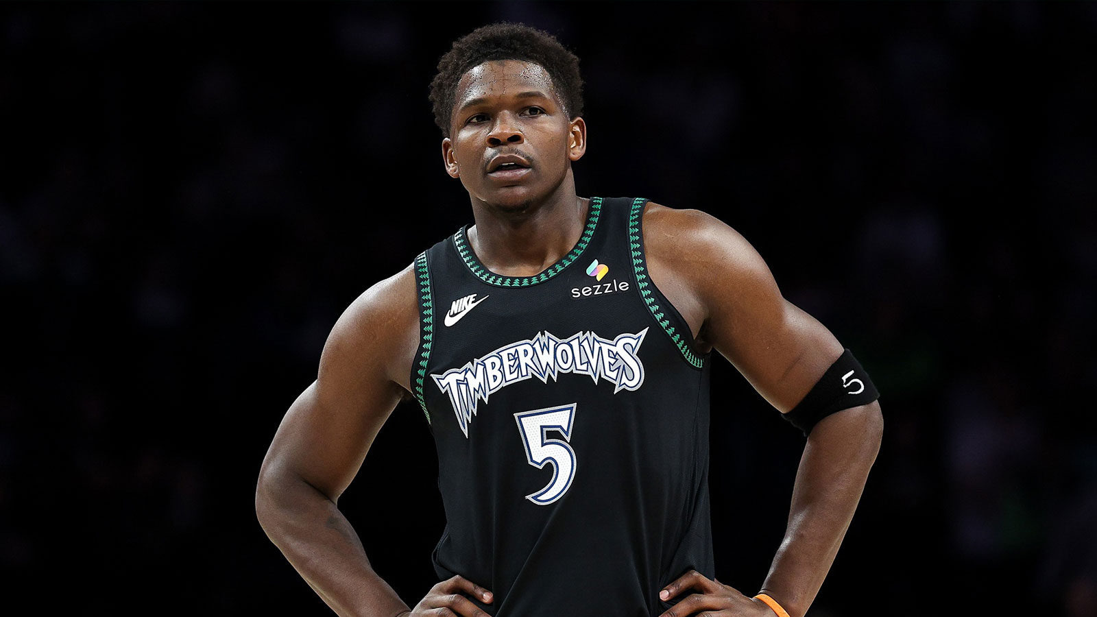 Minnesota Timberwolves guard Anthony Edwards (5) looks on during the first half against the Philadelphia 76ers at Target Center.