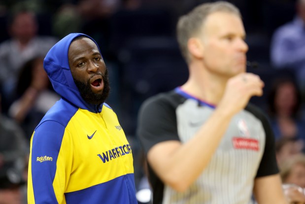 Golden State Warriors' Draymond Green (23) argues with a referee during the third quarter of an NBA game against the Philadelphia 76ers at Chase Center in San Francisco, Calif., on Tuesday, Feb. 3, 2026. (Ray Chavez/Bay Area News Group)