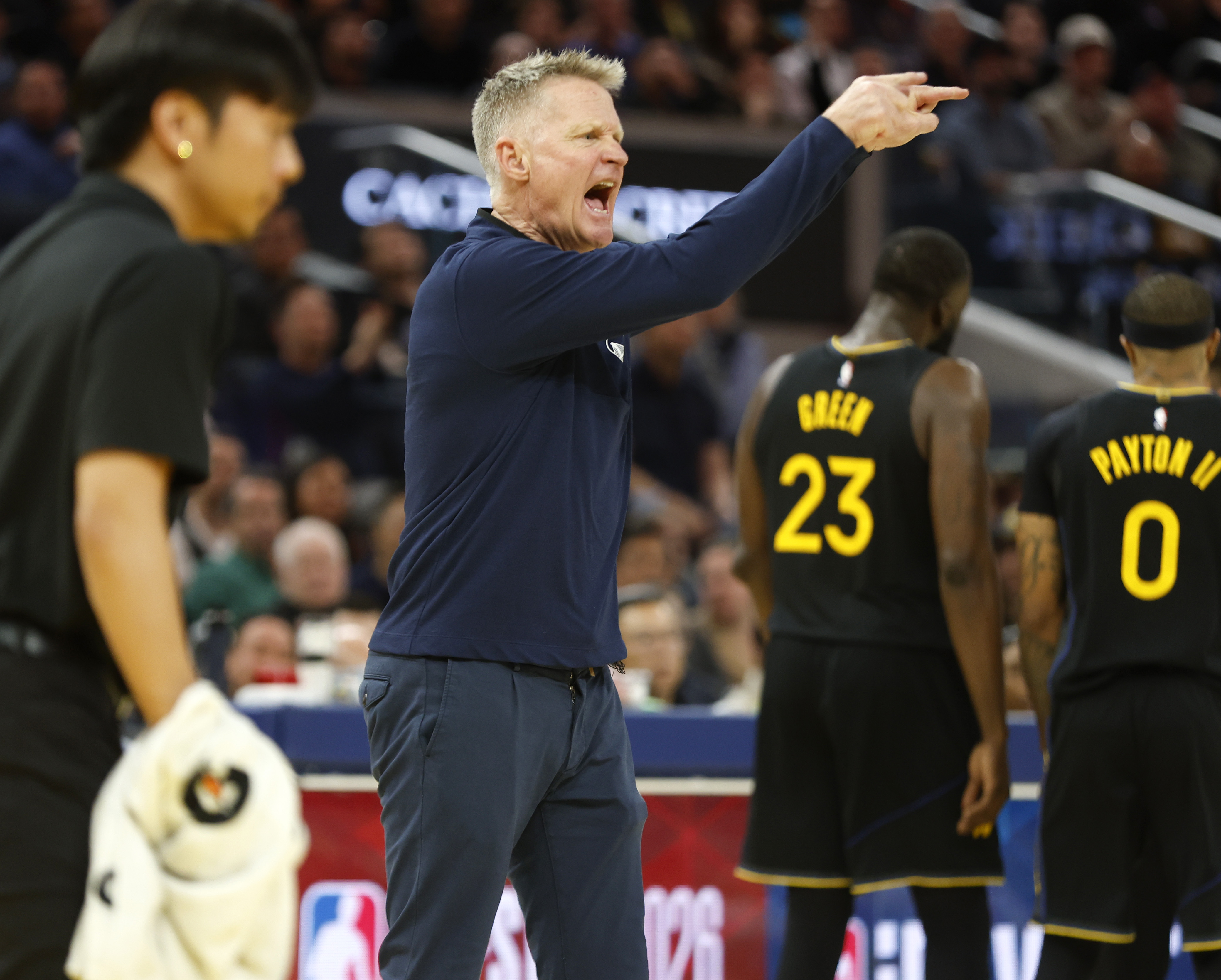 Golden State Warriors head coach Steve Kerr reacts to a...