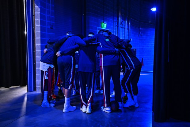 The Denver Nuggets gather for a moment of prayer before the start of their NBA game at Chase Center in San Francisco, Calif., on Sunday, Feb. 22, 2026. (Jose Carlos Fajardo/Bay Area News Group)