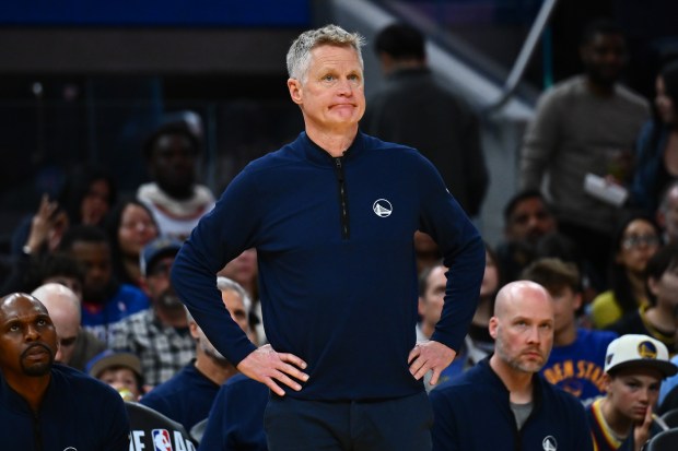 Golden State Warriors head coach Steve Kerr watches his team play the Denver Nuggets in the second quarter of their NBA game at Chase Center in San Francisco, Calif., on Sunday, Feb. 22, 2026. (Jose Carlos Fajardo/Bay Area News Group)