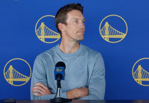 The Golden State Warriors' general manager Mike Dunleavy Jr. speaks during a press conference at the Chase Center in San Francisco, Calif., on Wednesday, Oct. 1, 2025. (Shae Hammond/Bay Area News Group)