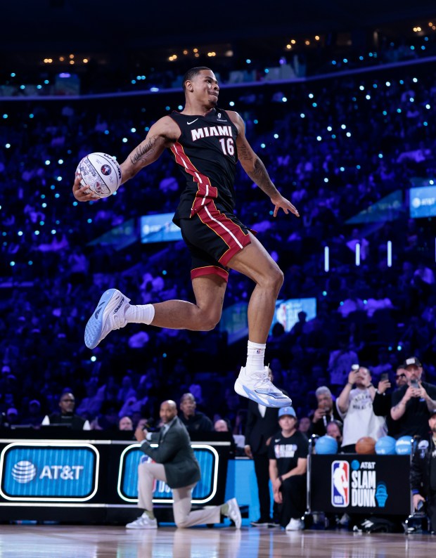 INGLEWOOD, CALIFORNIA - FEBRUARY 14: Keshad Johnson #16 of the Miami Heat dunks during the AT&T Slam Dunk Contest during 2026 NBA All-Star Weekend at Intuit Dome on February 14, 2026 in Inglewood, California. NOTE TO USER: User expressly acknowledges and agrees that, by downloading and or using this photograph, User is consenting to the terms and conditions of the GettyImages License Agreement. (Photo by Ronald Martinez/Getty Images)