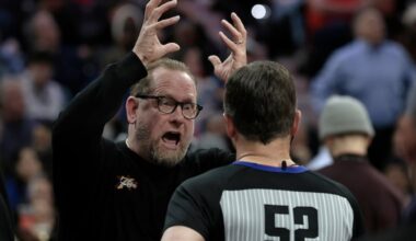 Sixers coach Nick Nurse makes a point while speaking with an official during the New York Knicks vs. Philadelphia 76ers (Sixers) NBA game at Xfinity Mobile Arena in Philadelphia on Wednesday, Feb. 11, 2026.