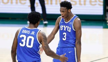 BYU Cougars forward AJ Dybantsa (3) reacts during the second half against the Utah Utes at Marriott Center.