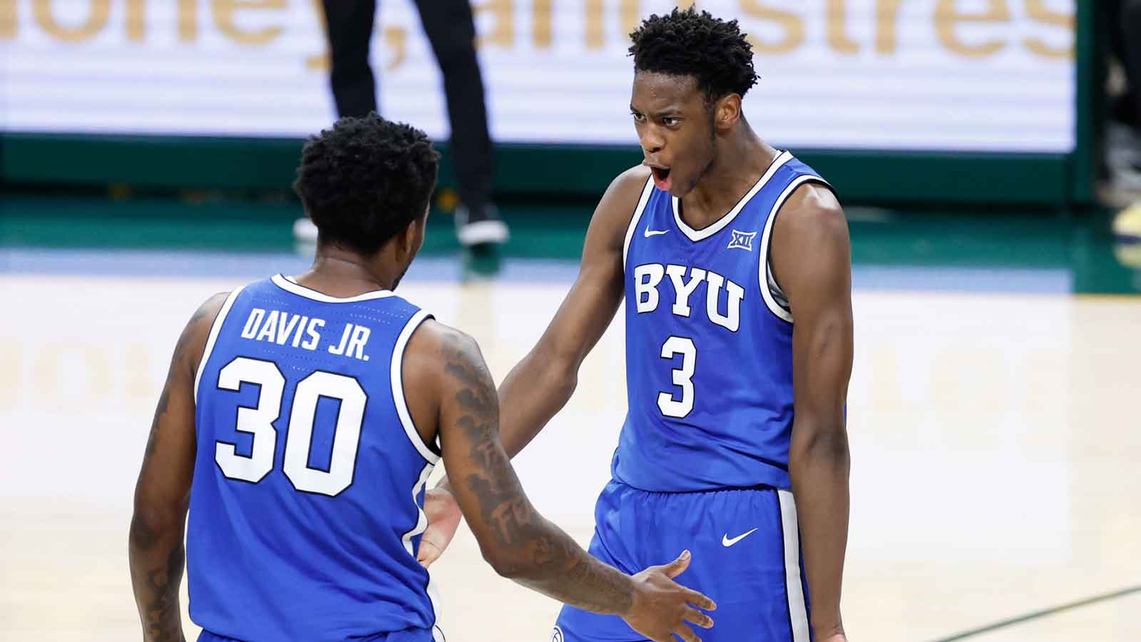 BYU Cougars forward AJ Dybantsa (3) reacts during the second half against the Utah Utes at Marriott Center.