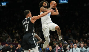 Dallas Mavericks' Marvin Bagley III (35) =do=Brooklyn Nets' Michael Porter Jr. (17) during the first half of an NBA basketball game Tuesday, Feb. 24, 2026, in New York. (AP Photo/Frank Franklin II)