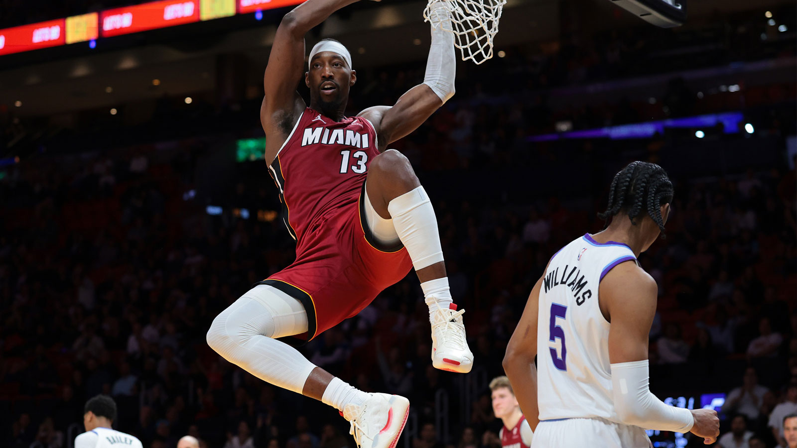 Miami Heat center Bam Adebayo (13) dunks against the Utah Jazz during the fourth quarter at Kaseya Center.