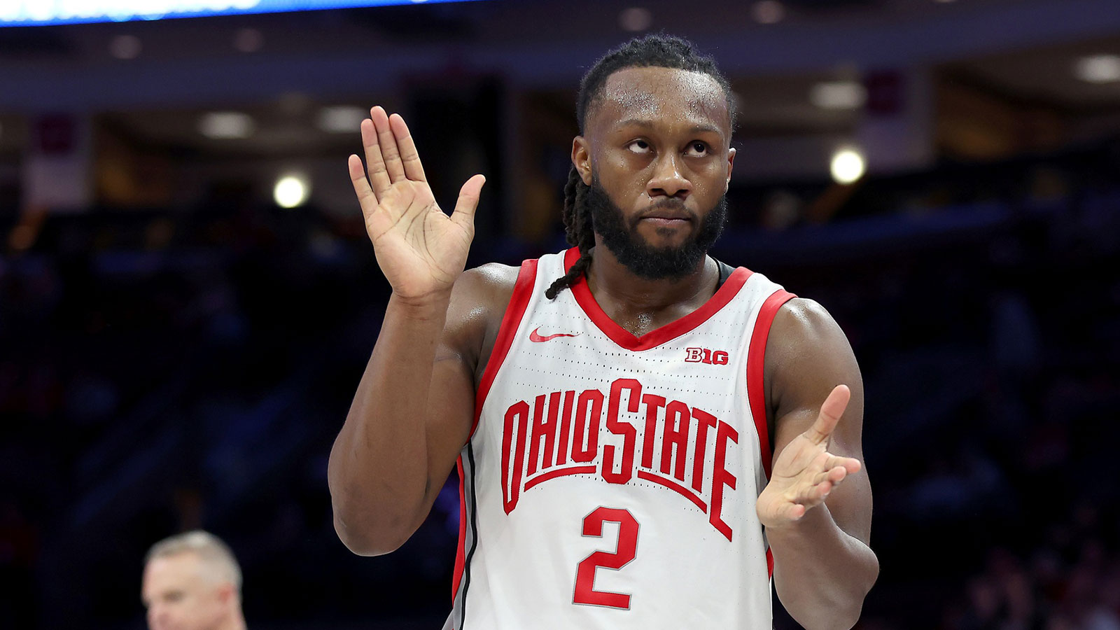 Ohio State Buckeyes guard Bruce Thornton (2) celebrates after he makes a key play during overtime against the Minnesota Golden Gophers at Value City Arena.