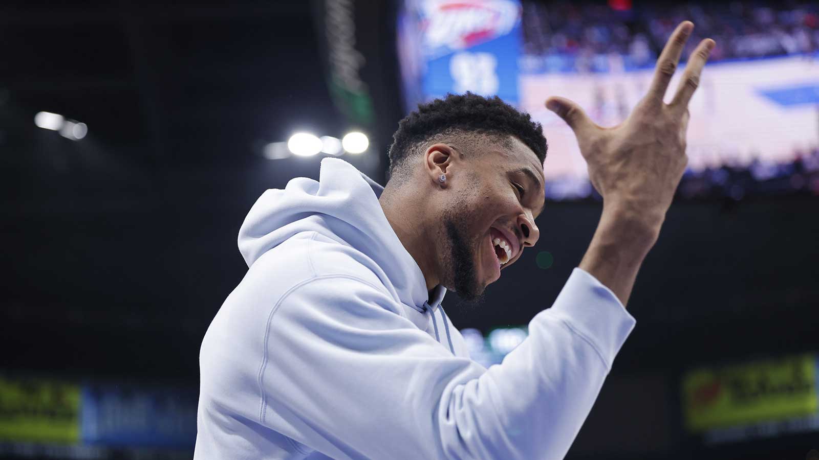Milwaukee Bucks forward Giannis Antetokounmpo (34) gestures after his team defeated the Oklahoma City Thunder at Paycom Center.