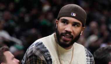 Boston Celtics forward Jayson Tatum on the bench during an NBA basketball game, Monday, Jan. 5, 2026, in Boston.