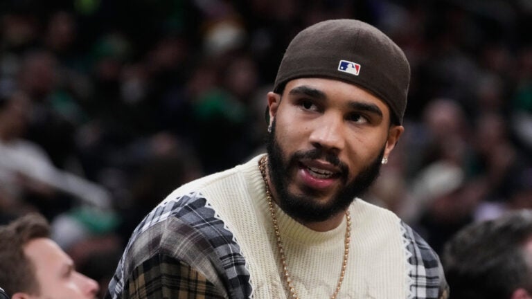Boston Celtics forward Jayson Tatum on the bench during an NBA basketball game, Monday, Jan. 5, 2026, in Boston.
