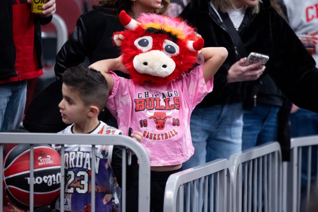 A young fan wears a Benny the Bull mascot head before a game against the Portland Trail Blazers at the United Center in Chicago on Feb. 26, 2026. (Josh Boland/Chicago Tribune)