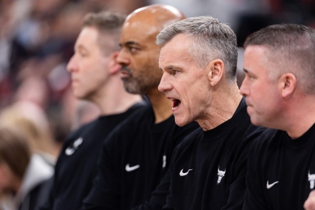 Chicago Bulls head coach Billy Donovan yells from the bench in the first half of a game against the Portland Trail Blazers at the United Center in Chicago on Feb. 26, 2026. (Josh Boland/Chicago Tribune)