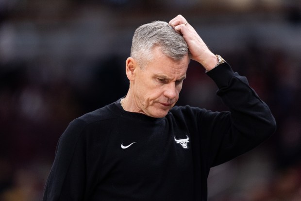 Chicago Bulls head coach Billy Donovan scratches his head in the first half of a game against the Portland Trail Blazers at the United Center in Chicago on Feb. 26, 2026. (Josh Boland/Chicago Tribune)
