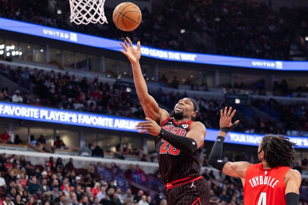 Chicago Bulls forward Guerschon Yabusele (28) goes for a layup in the first half of a game against the Portland Trail Blazers at the United Center in Chicago on Feb. 26, 2026. (Josh Boland/Chicago Tribune)