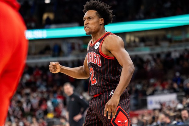 Chicago Bulls guard Collin Sexton (2) celebrates a made 3-pointer in the first half of a game against the Portland Trail Blazers at the United Center in Chicago on Feb. 26, 2026. (Josh Boland/Chicago Tribune)