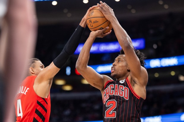 Portland Trail Blazers guard Matisse Thybulle (4) blocks a shot by Chicago Bulls guard Collin Sexton (2) in the first half of a game against the Portland Trail Blazers at the United Center in Chicago on Feb. 26, 2026. (Josh Boland/Chicago Tribune)