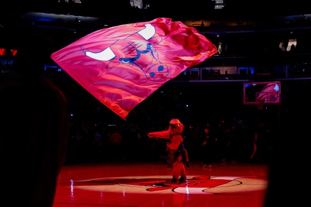 Benny the Bull waves a flag at half court in the first half of a game against the Portland Trail Blazers at the United Center in Chicago on Feb. 26, 2026. (Josh Boland/Chicago Tribune)