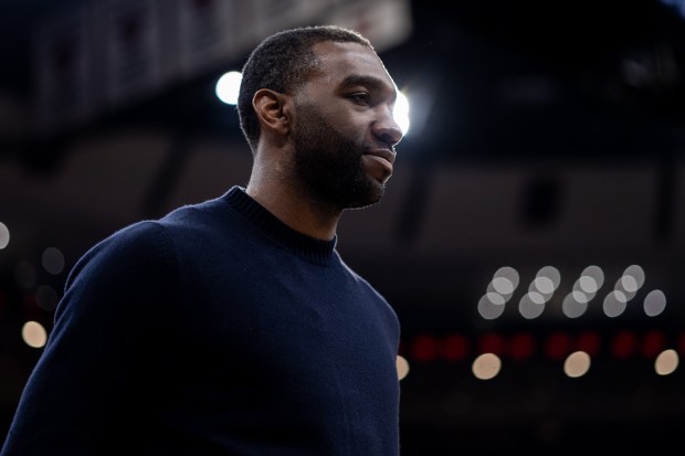 Chicago Bulls forward Patrick Williams walks on the court during a timeout in the second half of a game against the Portland Trail Blazers at the United Center in Chicago on Feb. 26, 2026. (Josh Boland/Chicago Tribune)