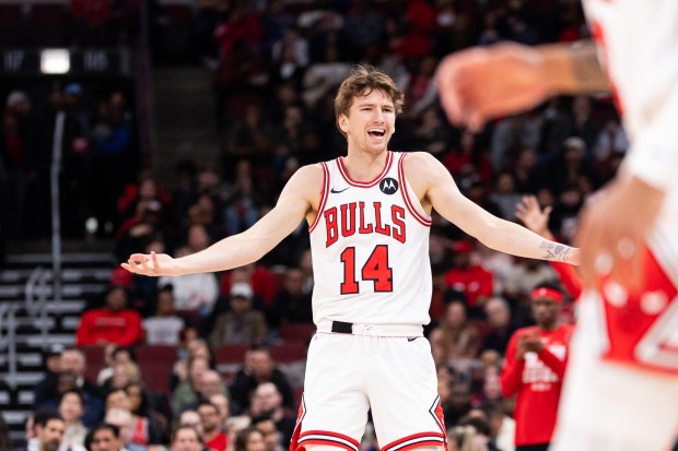 Chicago Bulls forward Matas Buzelis (14) reacts to a foul call in the first half of a game against the Toronto Raptors at the United Center in Chicago on Feb. 19, 2026. (Josh Boland/Chicago Tribune)