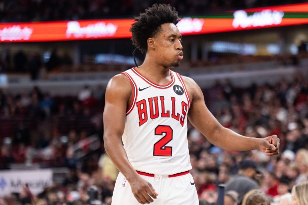 Chicago Bulls guard Collin Sexton (2) reacts as he leaves the court in the second half of a game against the Toronto Raptors at the United Center in Chicago on Feb. 19, 2026. (Josh Boland/Chicago Tribune)