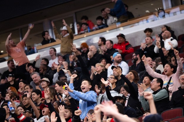 Chicago Bulls fans react in the second half of a game against the Toronto Raptors at the United Center in Chicago on Feb. 19, 2026. (Josh Boland/Chicago Tribune)