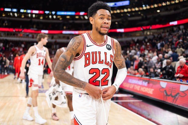 Chicago Bulls guard Anfernee Simons (22) unties his shorts as he exits the court in the second half of a game against the Toronto Raptors at the United Center in Chicago on Feb. 19, 2026. (Josh Boland/Chicago Tribune)