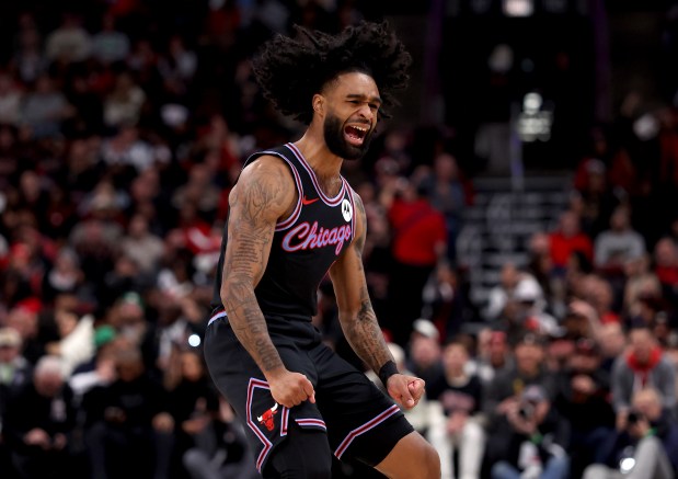 Bulls guard Coby White reacts in the first half against the Celtics at the United Center on Jan. 24, 2026. (Chris Sweda/Chicago Tribune)
