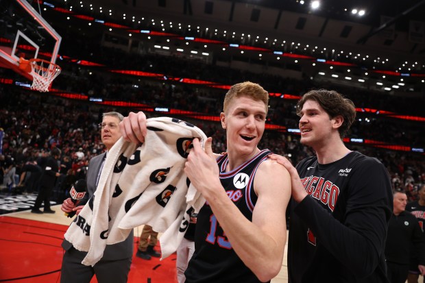 The Bulls' Kevin Huerter celebrates after his game-winning 3-pointer sealed a 114-111 victory over the Celtics on Jan. 24, 2026, at the United Center. (Chris Sweda/Chicago Tribune)